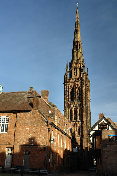 Old Cathedral Spire, County Court and the Golden Cross Inn seen from Pepper Lane