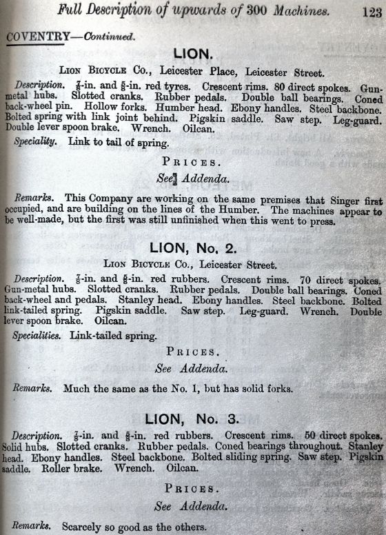 1879 descriptions and reviews of Lion bicycles
